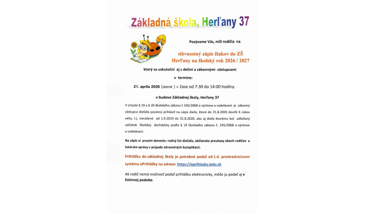 Zápis žiakov do ZŠ Herľany