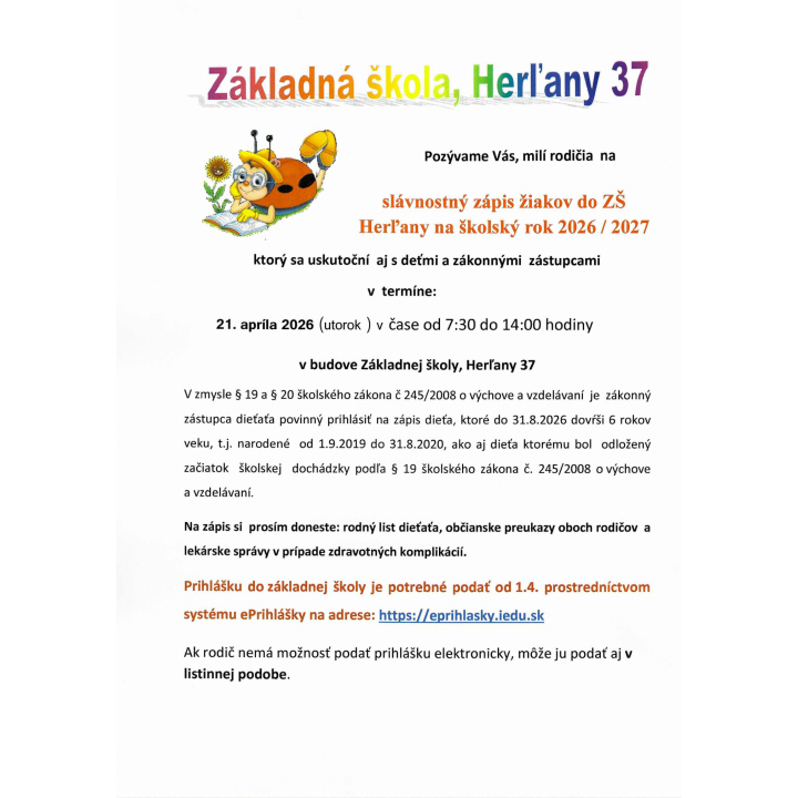Zápis žiakov do ZŠ Herľany